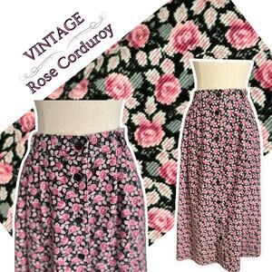Vintage 80s Rose Corduroy Skirt CottageCore ShabbyChic Preppy Grunge Fall Winter